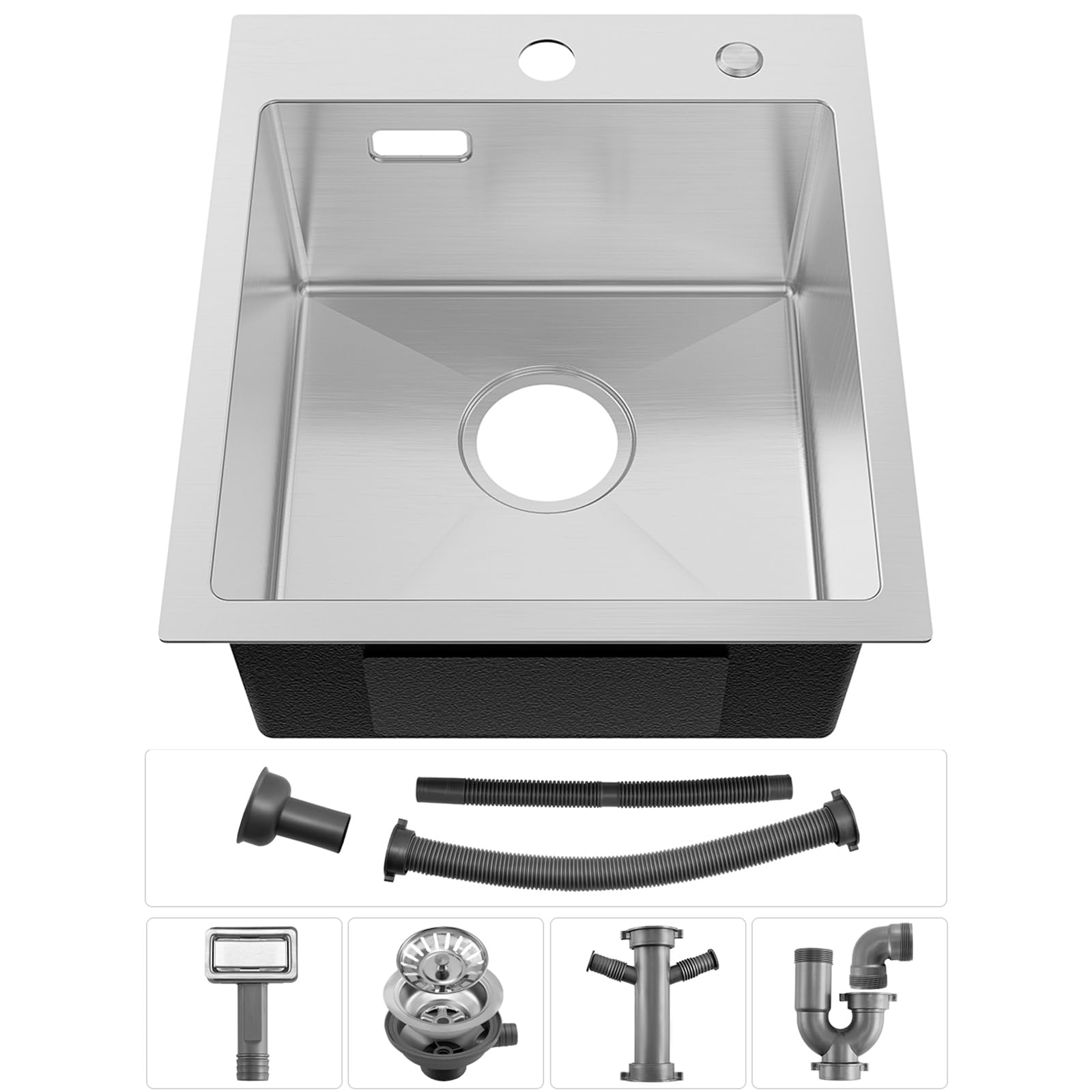 Fregadero Cocina 1 Seno 40x45cm, Fregadero Cocina en Acero Inoxidable 304, Fregaderos Sobre Encimera de Un Seno con Sifón y Juego Desagüe, Cepillado