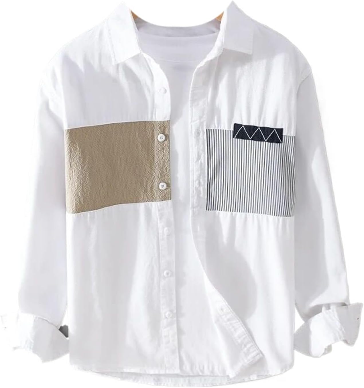 Long Sleeved Patchwork Cotton Shirts for Men Tops