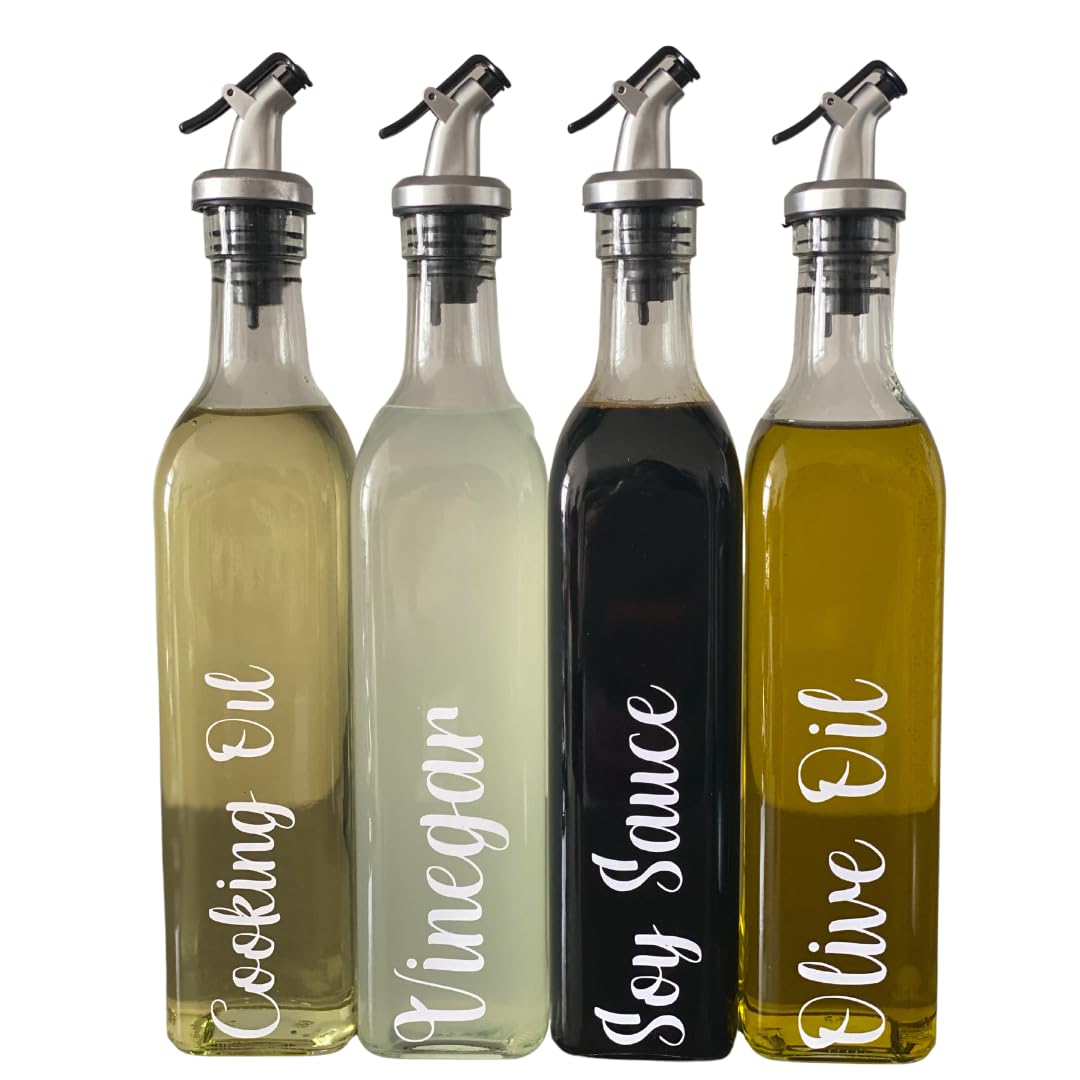HomeZone4 Pack Glass Bottle Oil Dispenser with Label, Cooking oil Vinegar Soy Sauce Olive Oil Dispenser w Pourer, Dispenser set with Labels, Glass Olive Olive Bottle