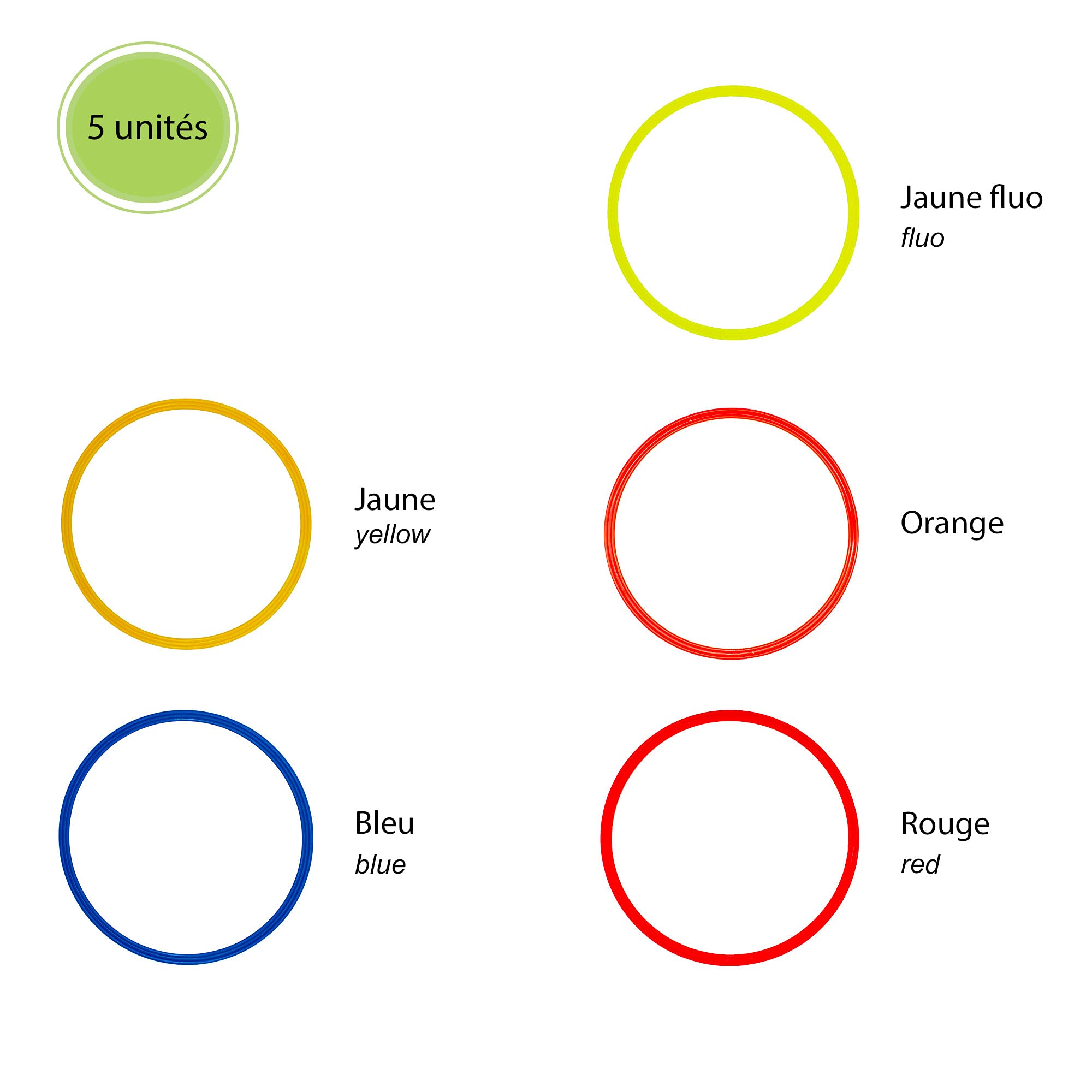 Wantalis Lot de 5 Cerceaux 40 cm (Bleu, Jaune, Rouge, Jaune Fluo, Orange)