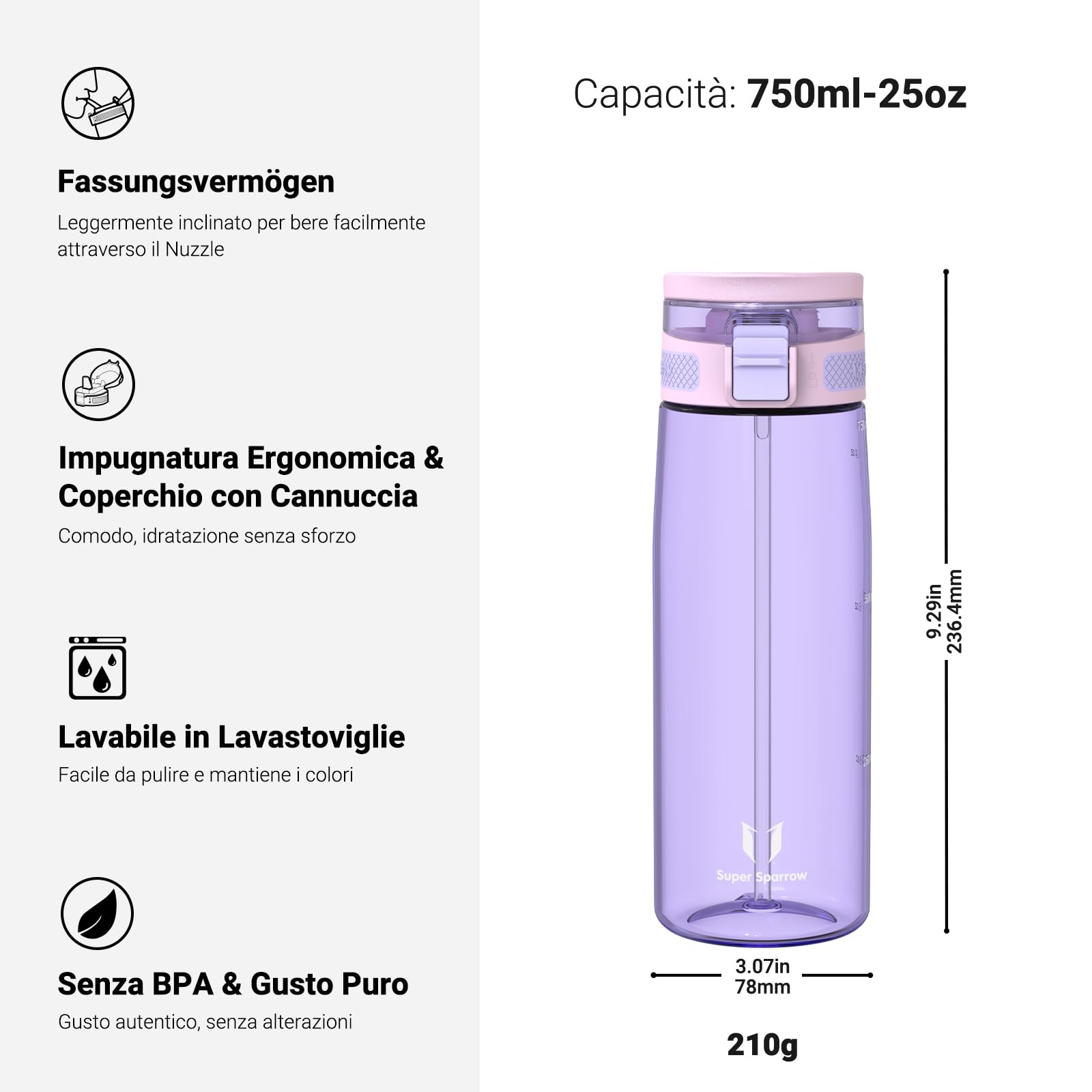 Super Sparrow Borraccia - TouchSip Sportiva Bottiglia - 500ml/750ml/1L - Tritan Senza BPA, a Prova di Perdite - Borracce con Cannuccia Ideale per Scuola e Sport