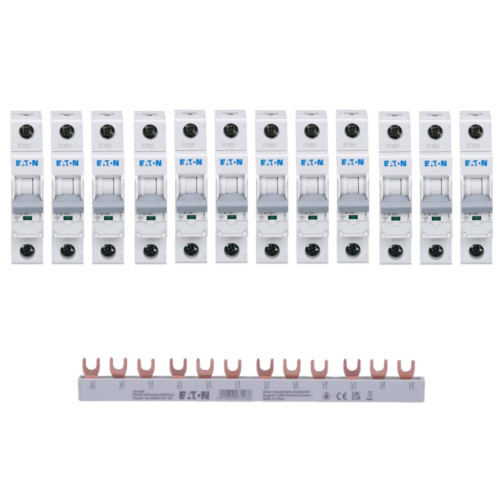 Eaton Set 12x LS-Schalter 1-polig PXL-B16 236033 + 1x Sammelschiene EVG-3PHAS/12MODUL 215639