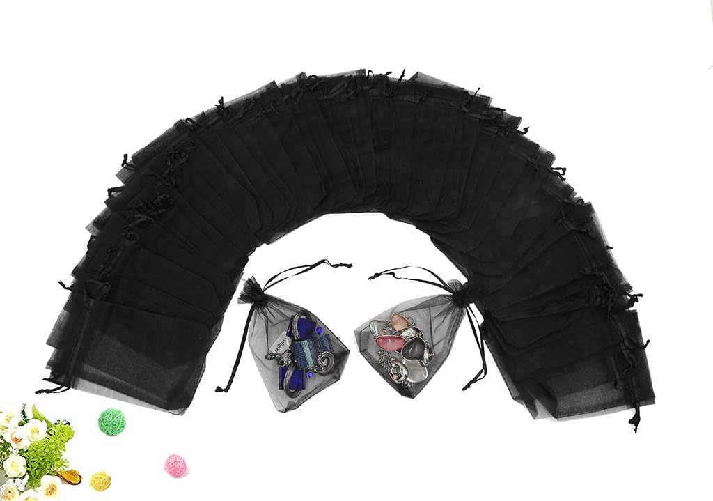 Wudygirl 100pcs Sheer Organza Bag 4X6 with Drawstring Jewelry Pouches Bags for Party Wedding Favor Candy Seashell Gift Bags (Black 4x6)