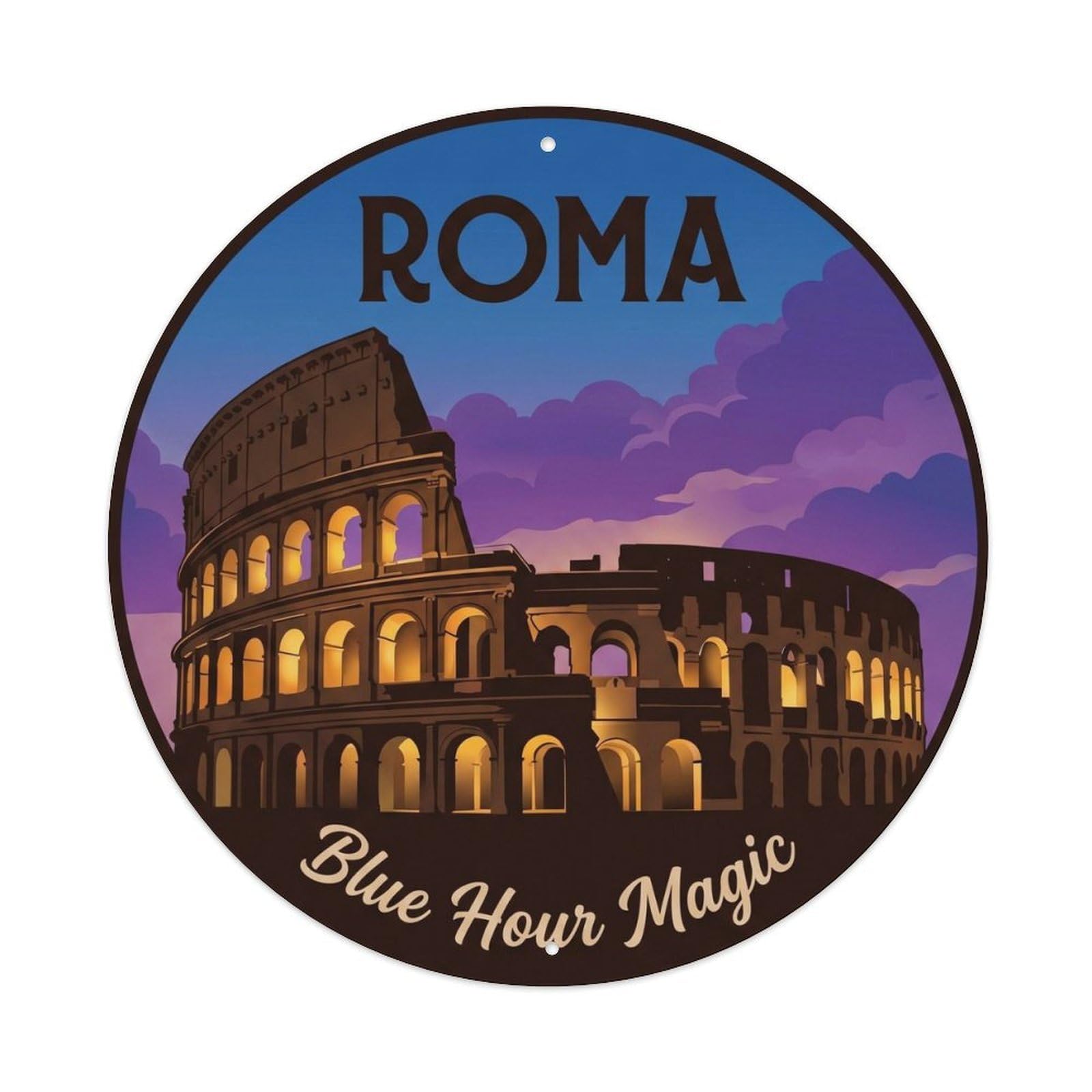 Colosseum Blue Rome Tourism Heritage Scenic Landmark Metal Tin Sign Plaque Wall Decor for Cafe, Man Cave, Club Bar, Office, Home Garden Round Metal Poster 8x8Inch