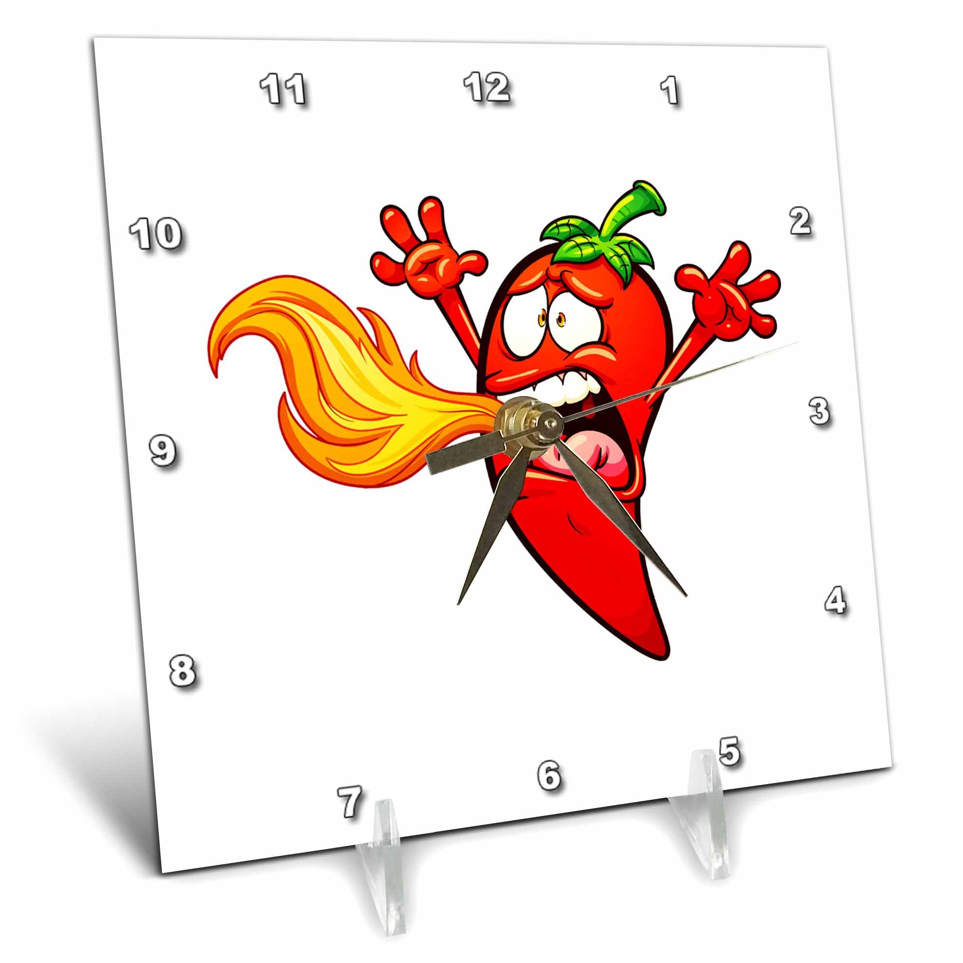 3dRose Funny Hot Pepper Chili Breathing fire, 6x6 Desk Clock, Clear