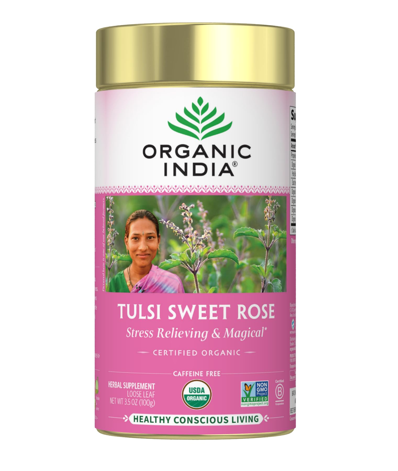 Tulsi Sweet Rose Herbal Tea - Holy Basil, Stress Relieving & Magical, Immune Support, Adaptogen, Vegan, USDA Certified Organic, Non-GMO, Caffeine-Free - 3.5 oz Canister