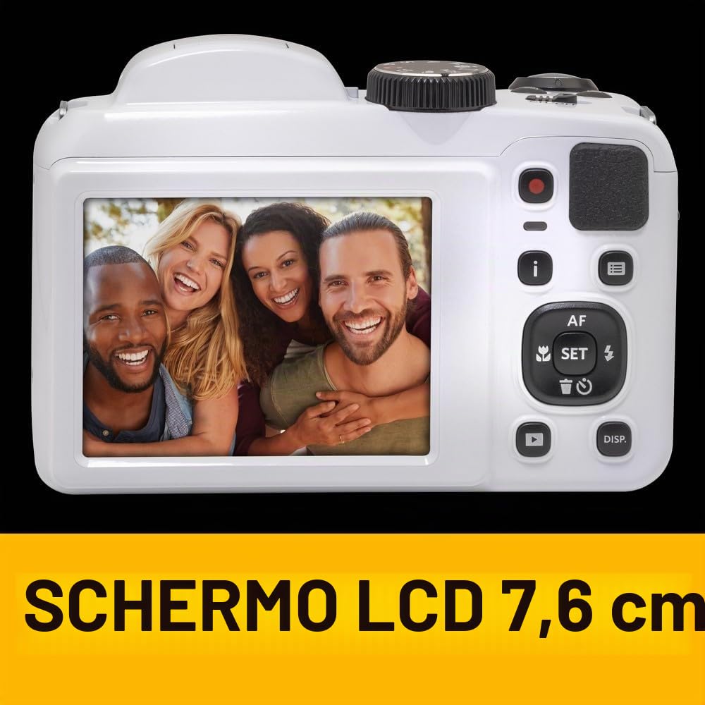 KODAK Pixpro Astro Zoom AZ255 + Scheda di memoria SD da 32 GB - Fotocamera Bridge Digitale 16 MP, Zoom 25X, Video HD 1080p, grandangolare 24 mm, schermo LCD 3, batteria AA - Bianco