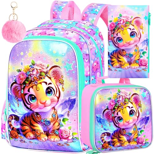 Image of 3Pcs Backpack for Girls, 16 inch Kids Bookbag with Lunch Box,Tiger School Backpacks for Elementary Preschool Kindergarten (Pink)