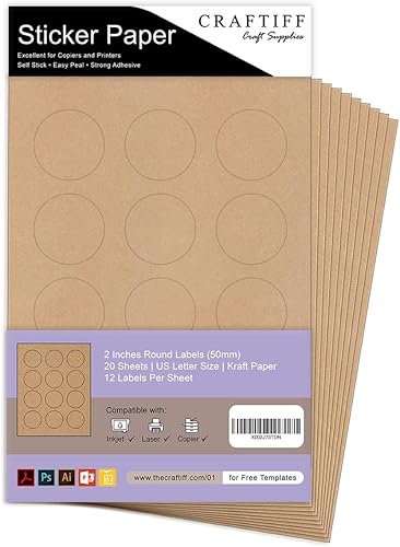 Etiquetas autoadhesivas redondas de papel para imprimir color marrón  2 pulgadas  paquete de 240 etiquetas  20 hojas