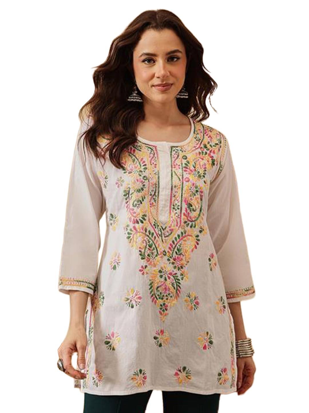 Ada Hand Embroidered Chikankari Indian Cotton Top Tunic Short Kurti for Women A351501
