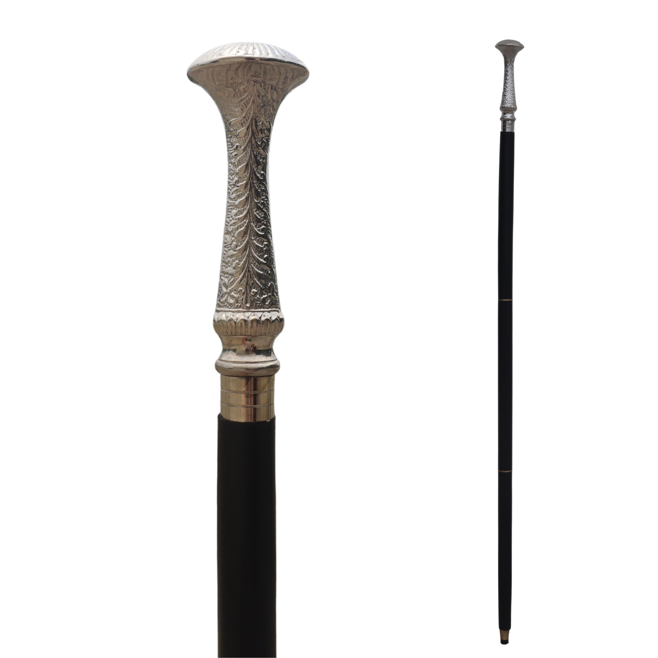 Photo 1 of Victorian Silver Floral Brass Handle Walking Stick – Handmade Elegant Wooden Cane with Ornate Silver Finish Handle – Classic Gentleman Walking Cane with Free Rubber Tip