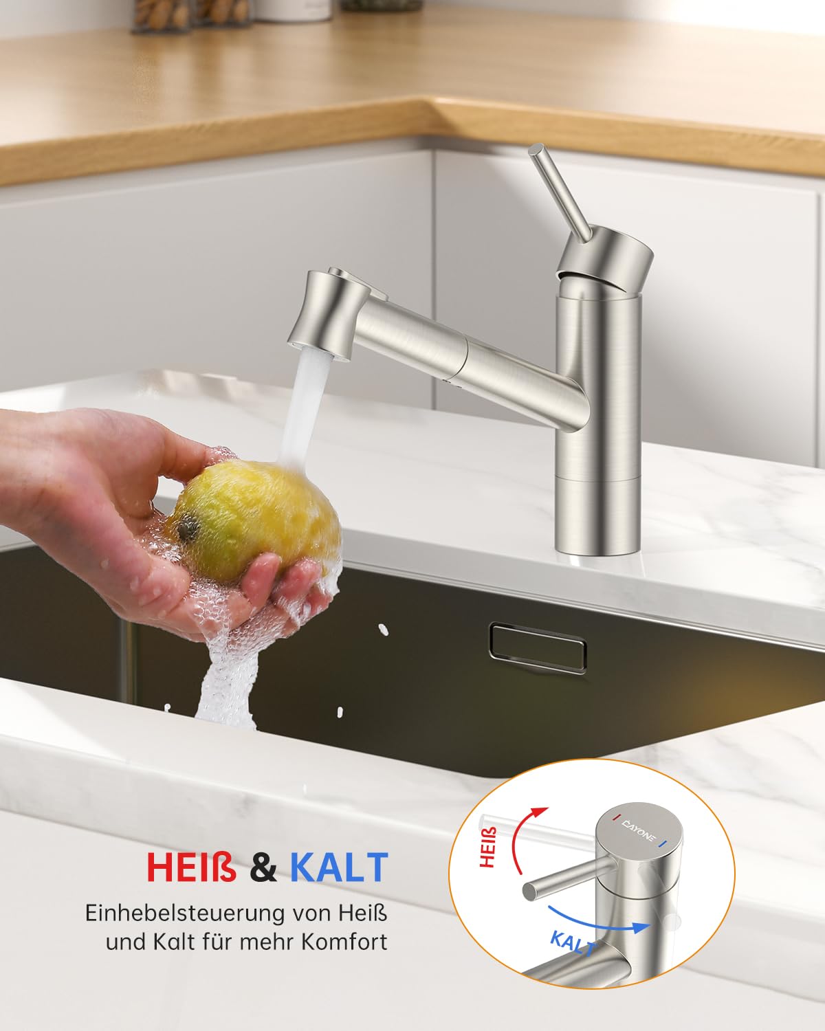 DAYONE Niederdruck Wasserhahn Küche, Niederdruck Küchenarmatur mit Ausziehbarer Brause, 3 Anschlüsse, 2 Strahlarten Spültischarmatur, Mischbatterie Küche, Ausziehbar Küche Mischbatterie für Boiler