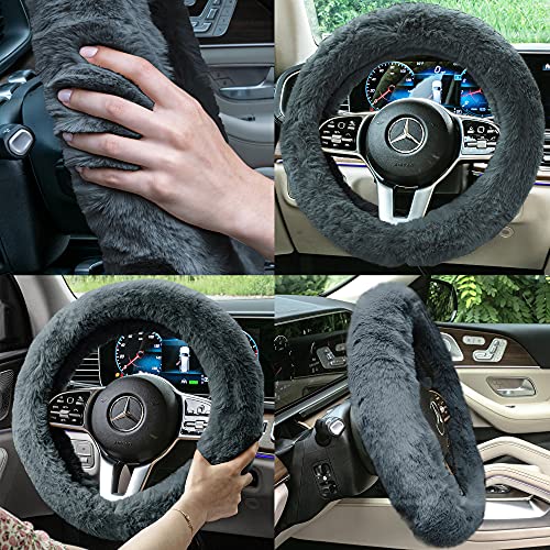 Image of FH Group Universal Fit Doe16 Faux Rabbit Fur Cozy Steering Wheel Cover fits Most Cars, SUVs, Trucks, and Vans, Ultimate Protection Gray