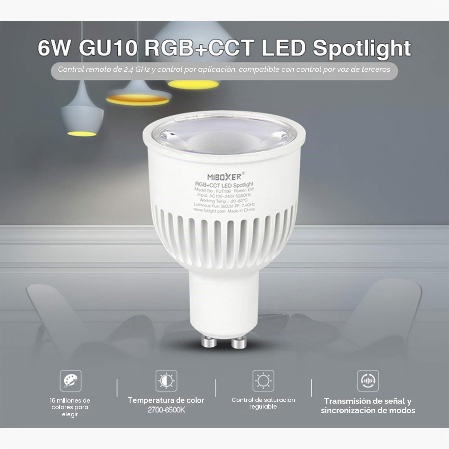 LIGHTEU®, Milight Miboxer 4x 6W GU10 RGB + CCT Cambio de color del foco LED y CCT WW CW Temperatura ajustable con un control remoto (4x FUT106 + FUT092)