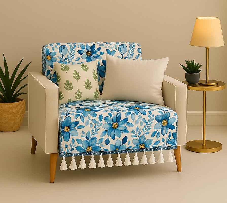WWW.THROWPILLOW.IN Blue Floral Sofa Cover with Tassels for Wooden Single Seater | 1-Piece Sofa Throw for Living Room | Fits Wing Chair, Dining Chair | Decorative Sofa Seat Cover | Stylish Slipcover-image-41