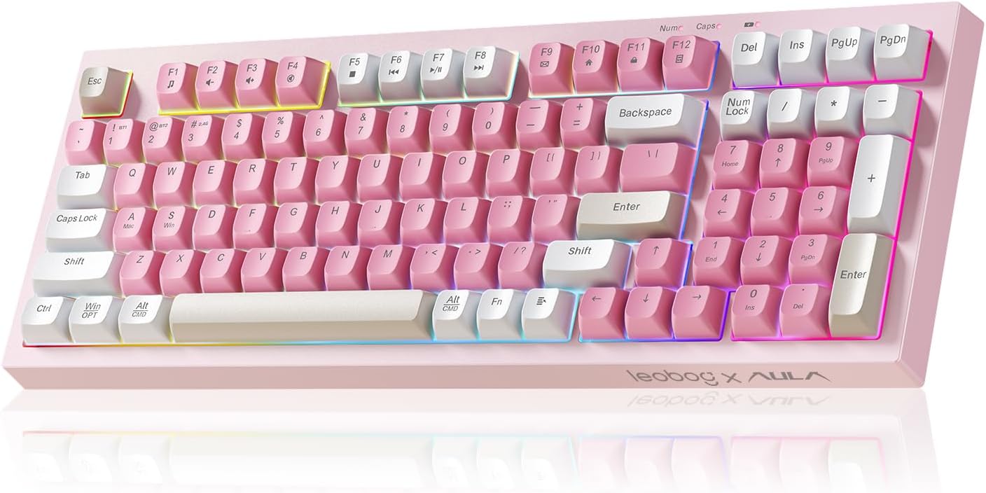 LEOBOG x Aula Gaming Keyboard, Wireless Creamy Keyboard, Bluetooth Computer Keyboards Ergonomic Pink Keyboard Full Size with Number Pad Light Up RGB Backlit Tri-Mode BT/2.4GHz/USB-C – K99