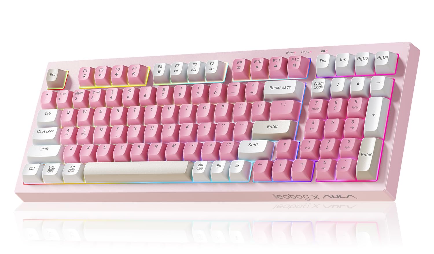 LEOBOG x Aula Gaming Keyboard, Wireless Creamy Keyboard, Bluetooth Computer Keyboard, Mechanical Feel Full Size with Number Pad, Illuminated, RGB Backlit Tri-Mode BT/2.4GHz/USB-C - K99 Pink