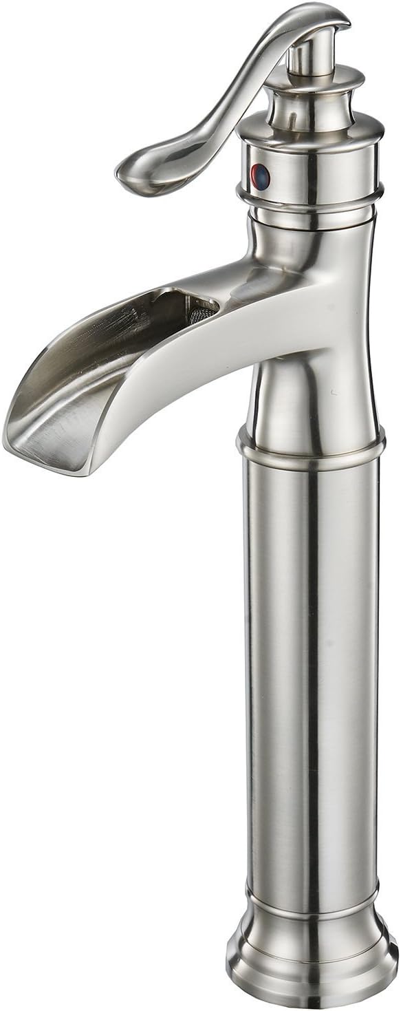 BWE Vessel Sink Faucet Waterfall Brushed Nickel Bathroom Commercial Vanity Sink Faucets with Supply Lines Combo Single Handle Bath Basin Bowl Centerset Sink Lavatory Tall Mixer Tap