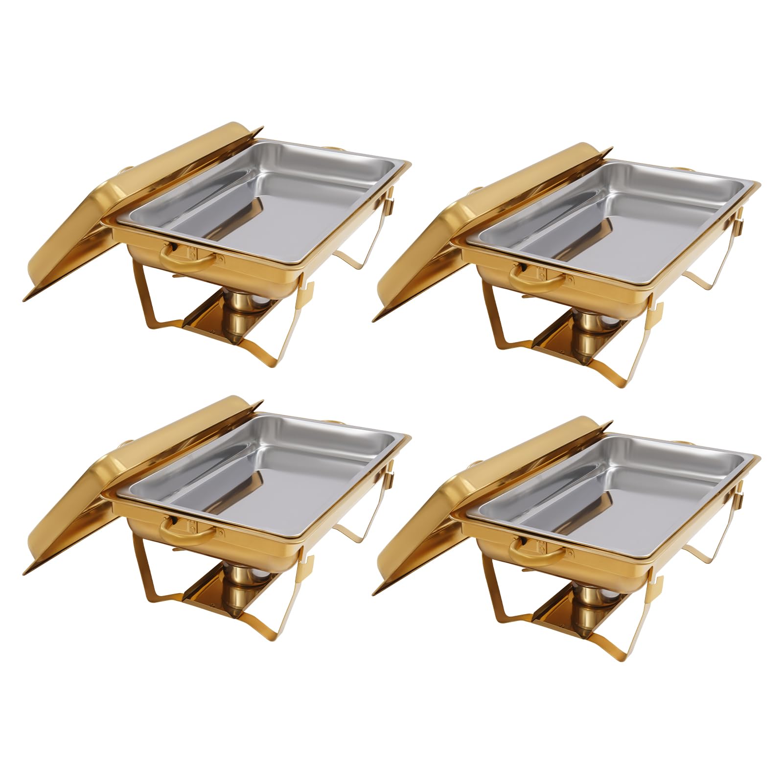 4PCS 7,5L Chafing Dish Profi Set Chafing Dish Buffet Wärmer-Set 410 Rostfreier Stahl Warmhaltebehälter Goldener Quadratischer Packofen Speisewärmer Wärmebehälter für Catering Buffet und Party