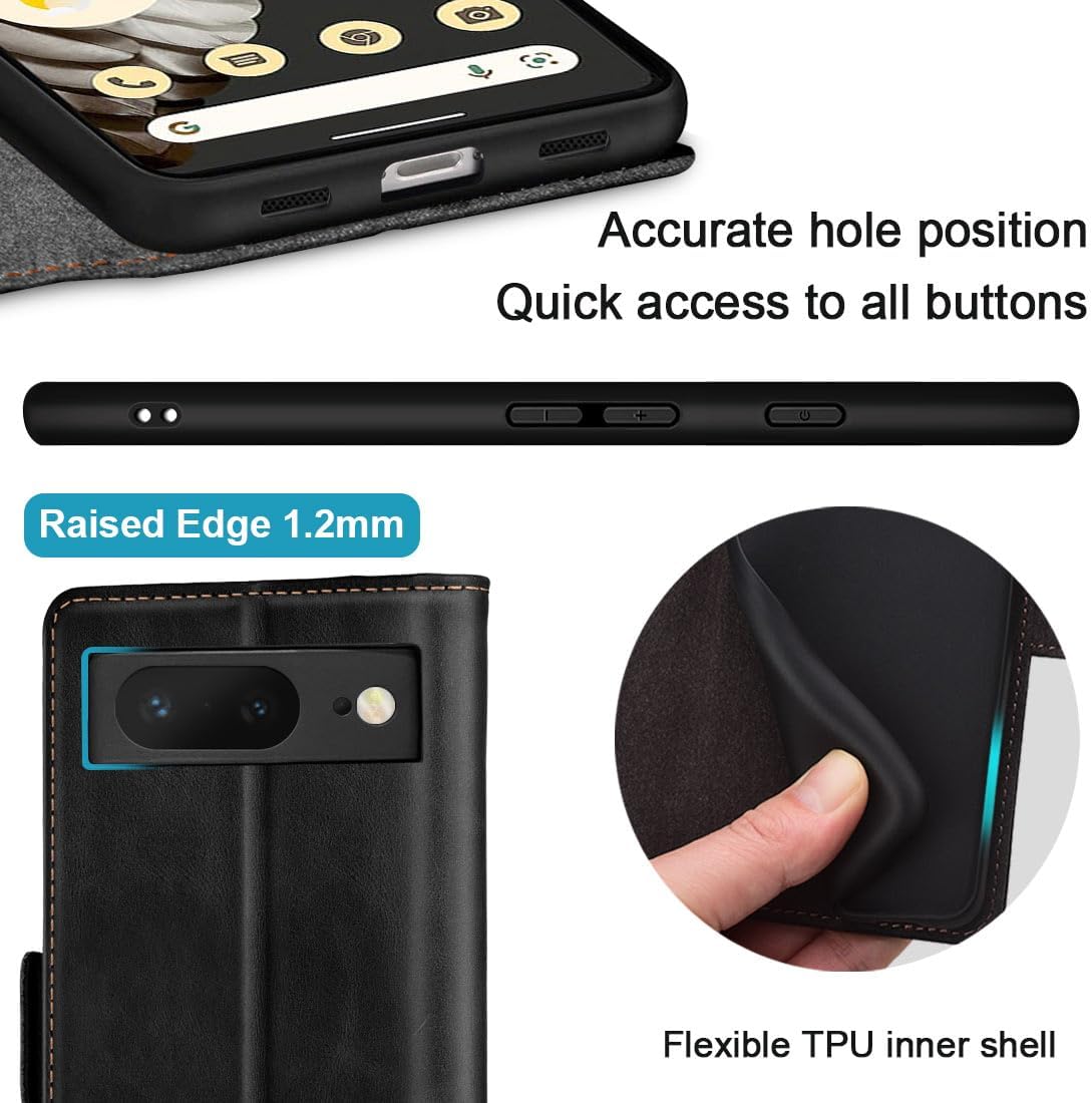KEZiHOME Case for Google Pixel 8, Genuine Leather [RFID Blocking] Wallet Case with Card Holder Kickstand Flip Heavy Duty Protective Phone Cover for Google Pixel 8 5G(Black/Brown)