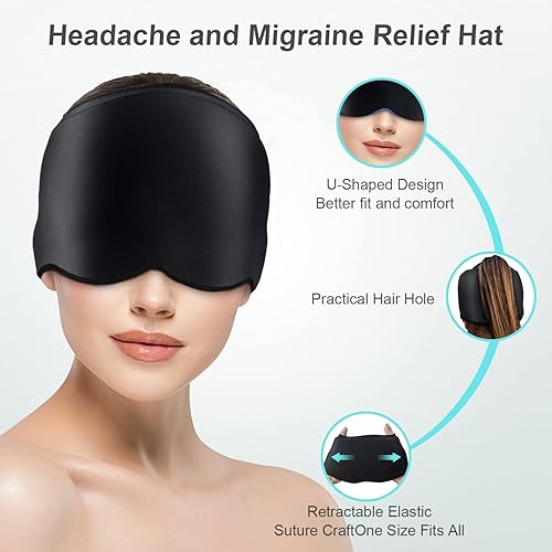 Miniatura 7 de Gorro para aliviar la migraña, para migraña, tensión, senos nasales y estrés, compresa fría con terapia de frío y calor, negro, gel, reutilizable,