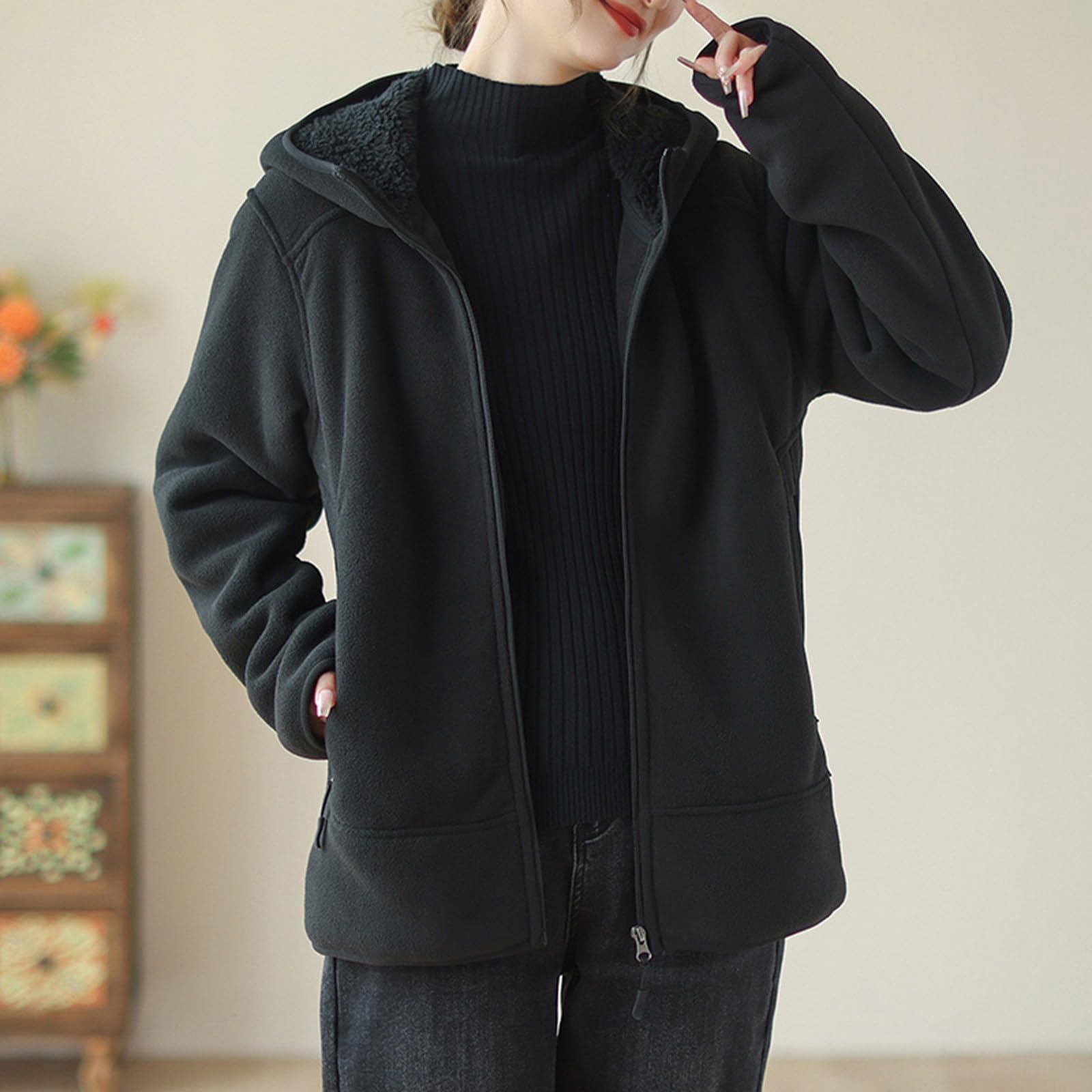 Generisch Jeansjacke Damen Weiß Doppelfleecejacke Verdicken Reißverschluss Langarm Kapuzenmantel Winteroberbekleidung Mit Taschen