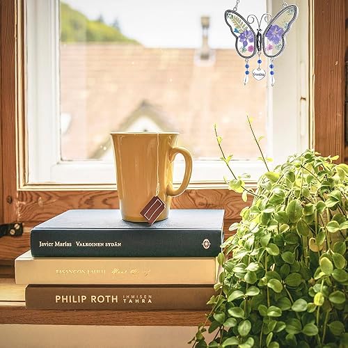 Miniatura 6 de Laraine Atrapasoles de mariposa con alas de flores coloridas prensadas para el día de la madre, adorno de campanilla de viento de cristal de