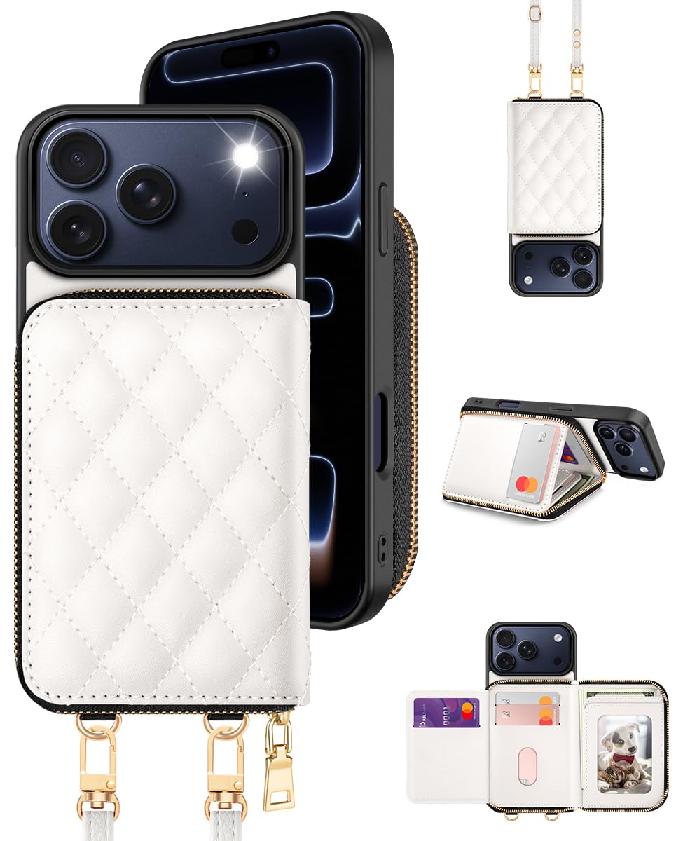 OCASE Custodia Portafoglio per iPhone 17 Pro Max, Custodia in Pelle con Cerniera, Porta Carte con Blocco RFID, con Tra Collo Regolabile Rimovibile, Antiurto Cover per iPhone 17 Pro Max - Bianco