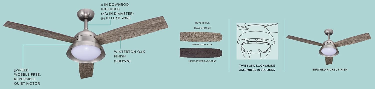 Good Housekeeping 20096-BN Barnlight 52" Ceiling Fan with 3 Reversible Blades & Remote Control, Brushed Nickel