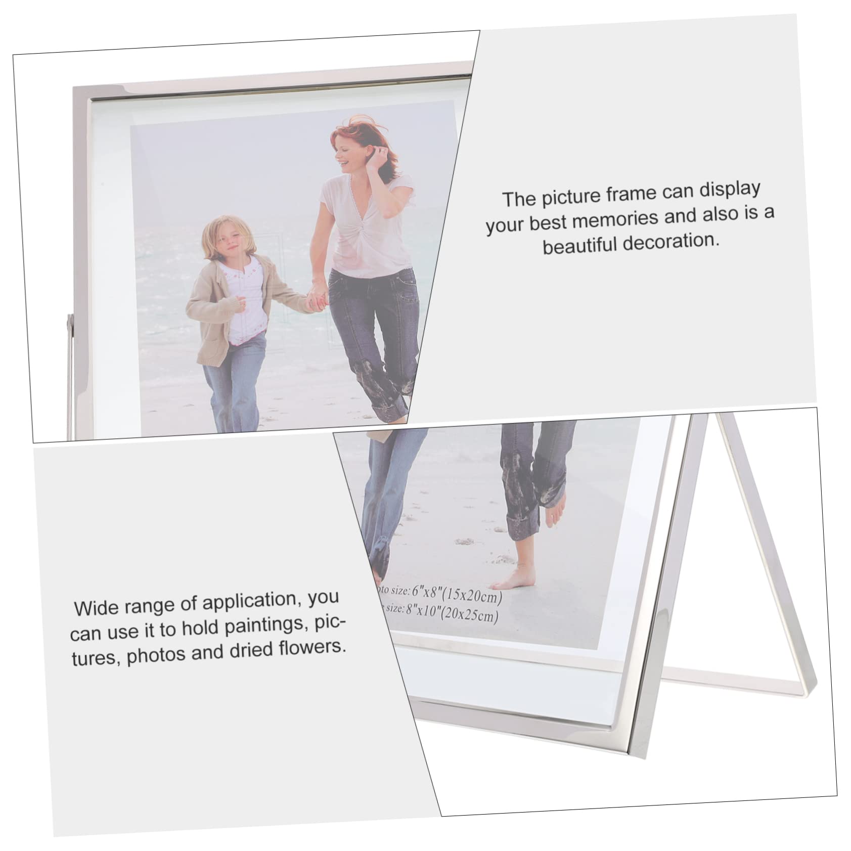 Cadre Photo Simple et Élégant en Verre Cadre Photo de Table Transparent Argenté Support Double Face pour Décoration Maison pour Exposition