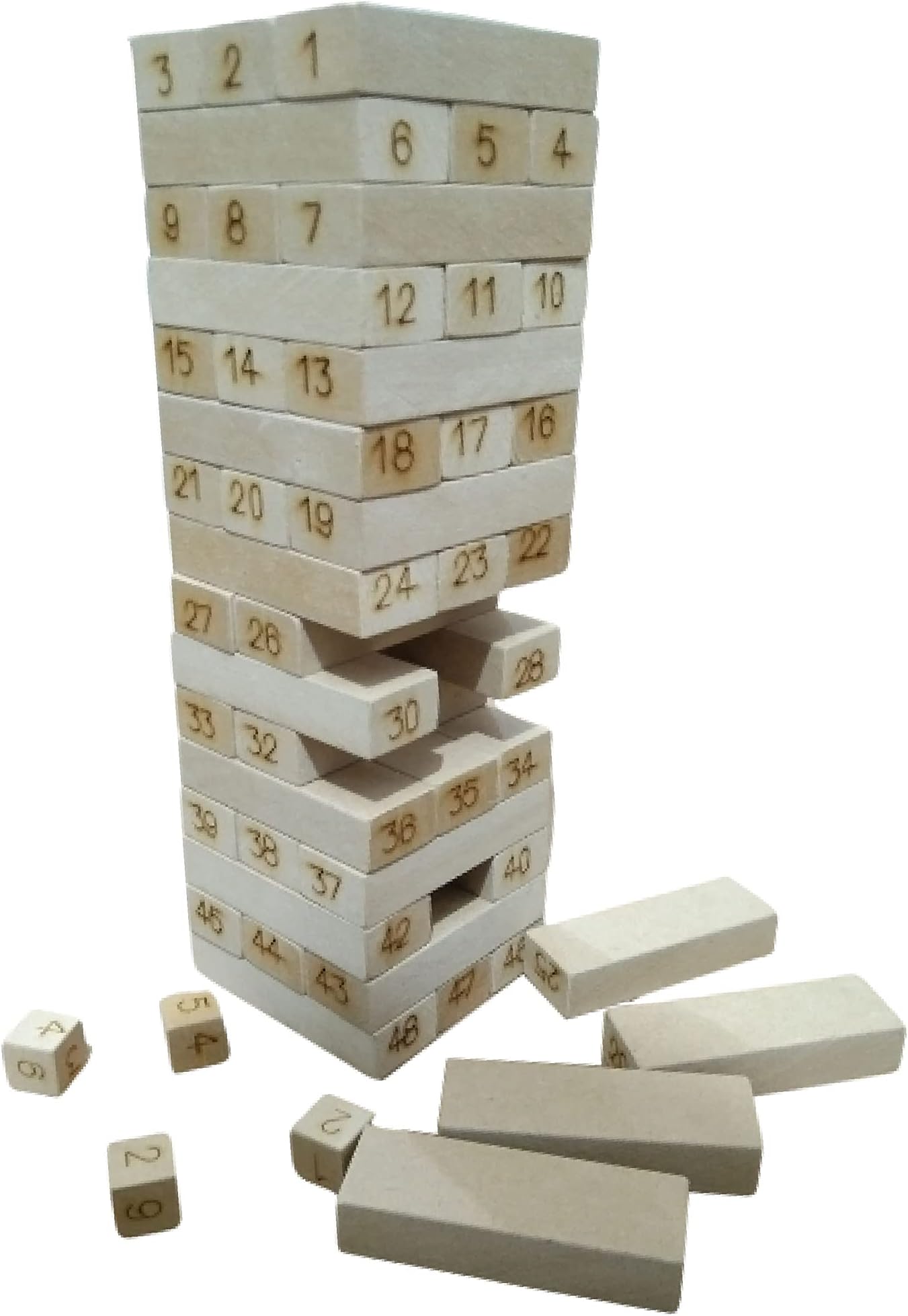 - Wooden Tumbling Tower Game - Numbered | 48 Blocks with Numbering & 4 Dice | 7.5×7.5x24 cm | Ideal Game for Kids, Family & Friends | Cognitive, Motor, Social Skill & Numeracy Development