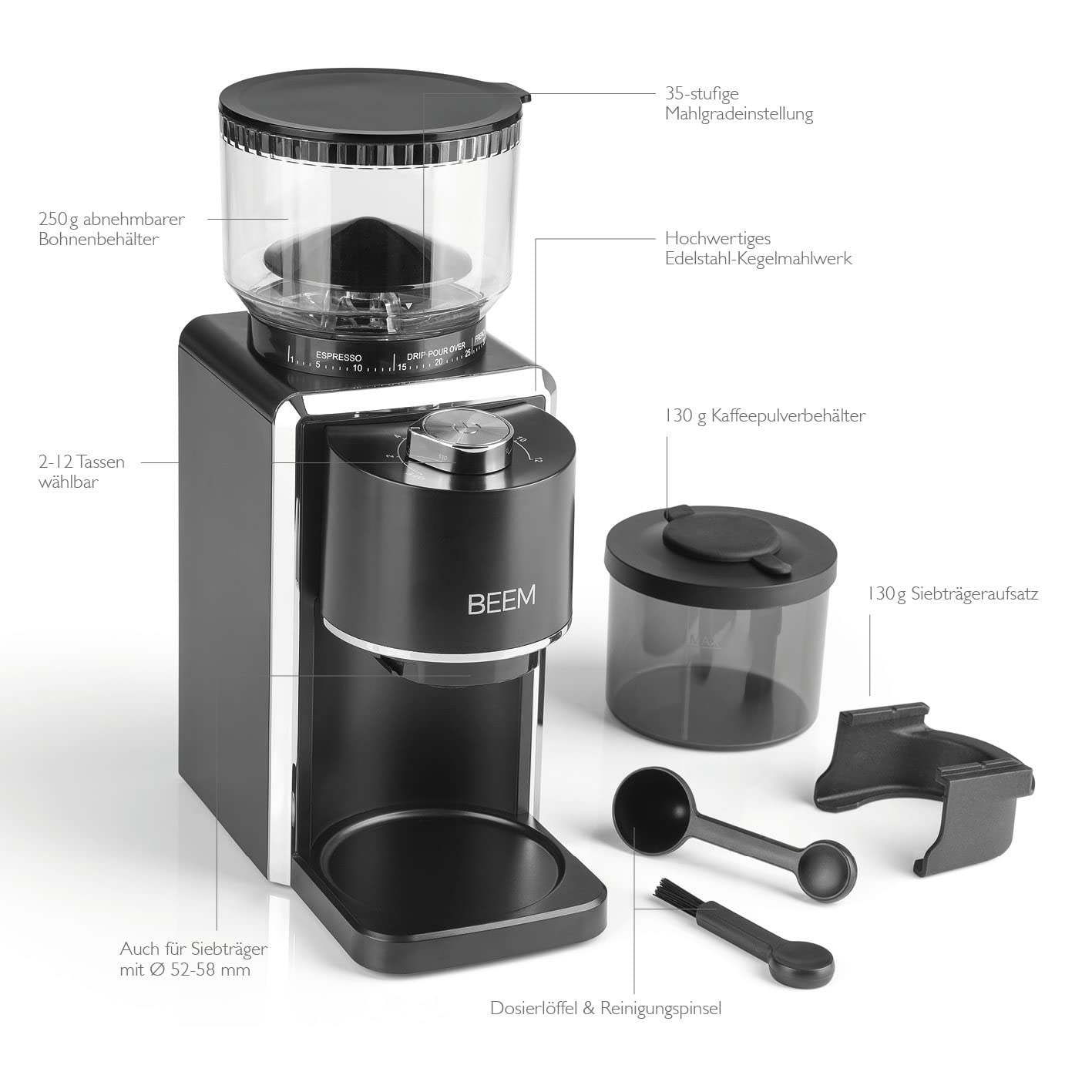 BEEM GRIND-PERFECT Elektryczny młynek do kawy, 250 g, 35-stopniowa regulacja stopnia mielenia, mielenie stożkowe, dozowanie regulowane pokrętłem (2-12 filiżanek), bezpośrednio w uchwycie sitowym o