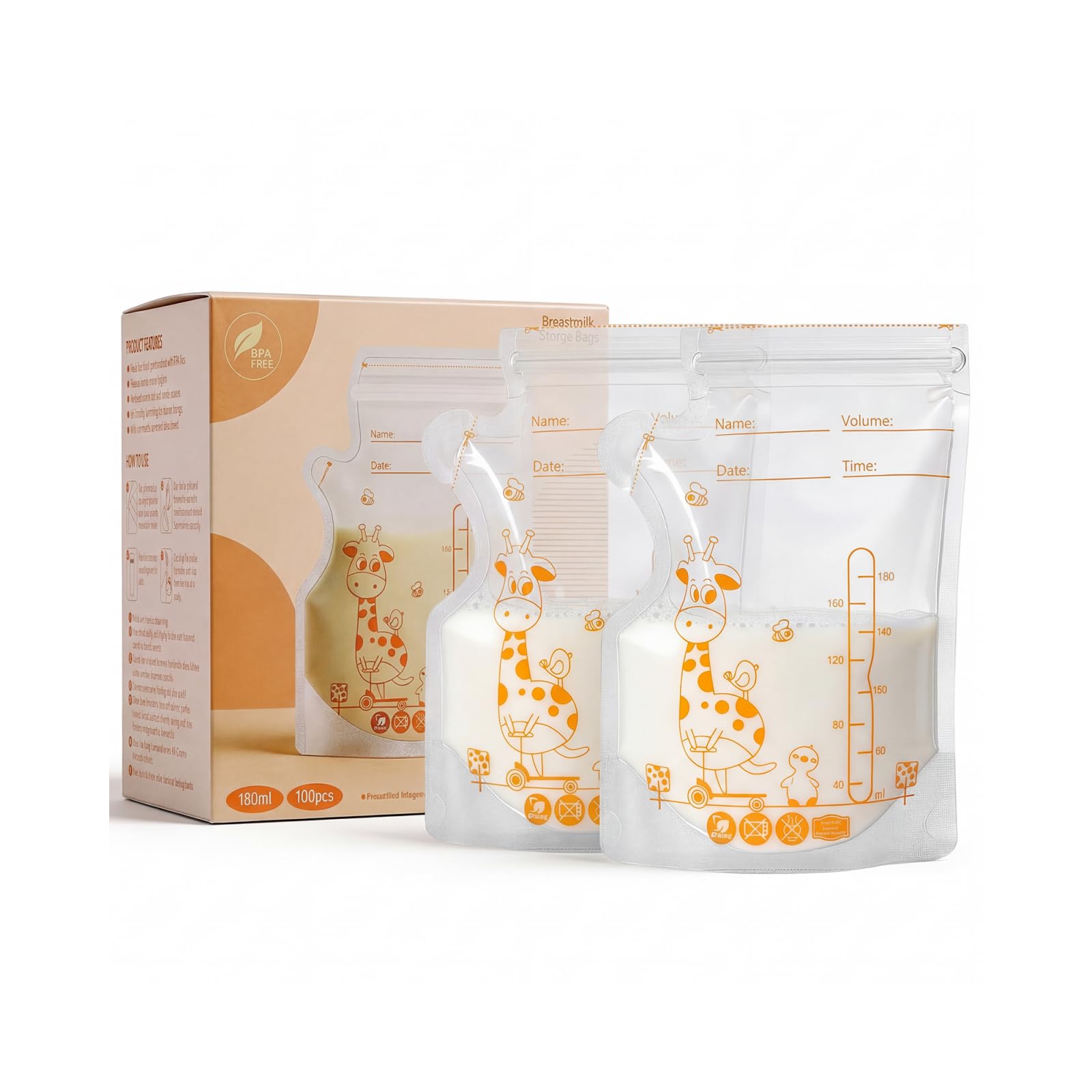 Vinabo Breast Milk Storage Bags, 100 PCS Milk Storage Bags, 180ml Breastmilk Storage Bags Pre-sterilised, BPA-free, Breastmilk Double Seal Bag