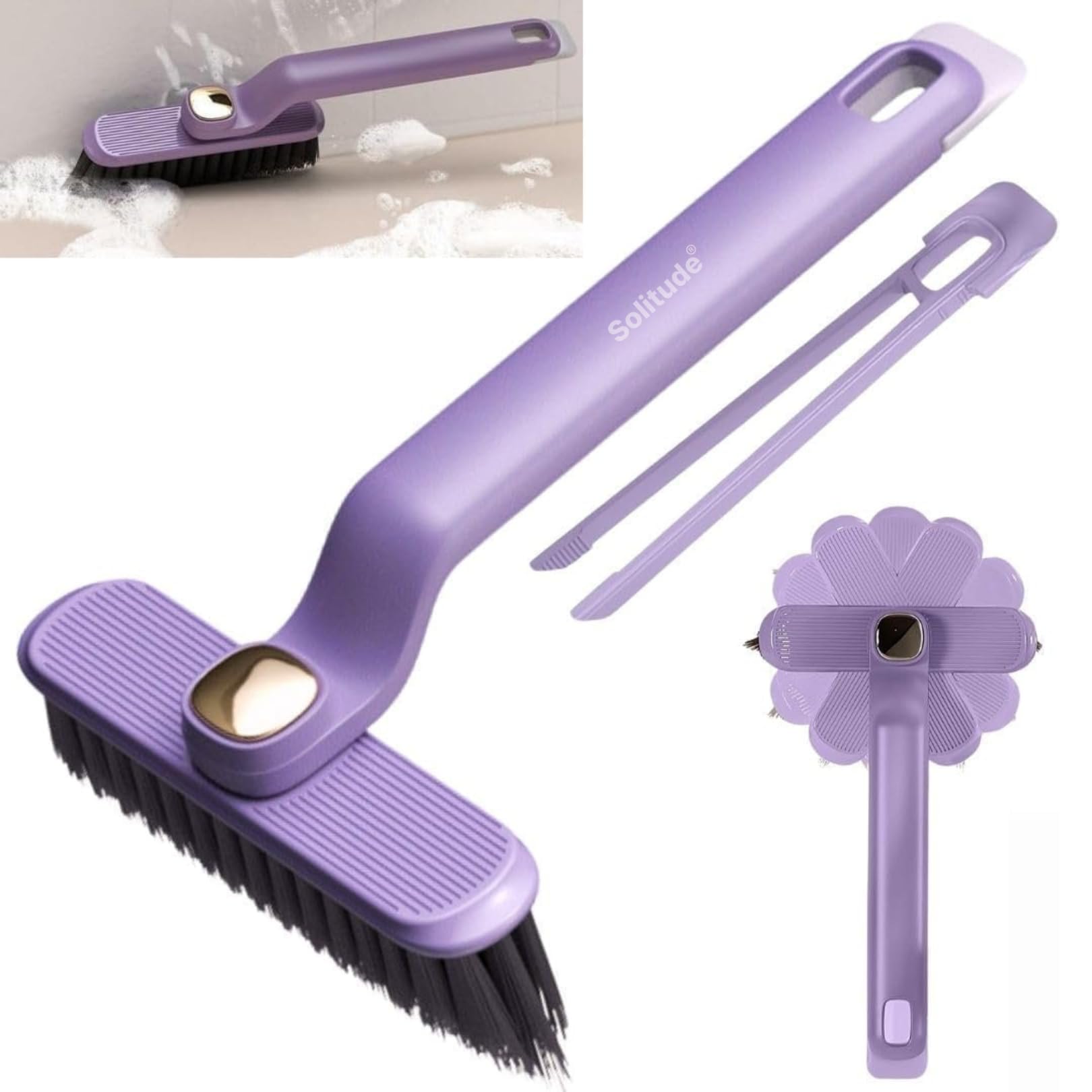 Solitude Multi-Function Toilet & Bathroom Cleaning Brush Hard Bristle Rotating Crevice & Tile Scrubber, Floor & Toilet Cleaner, Grout & Gap Cleaning Tool, Plastic Handle Brush-picture-17