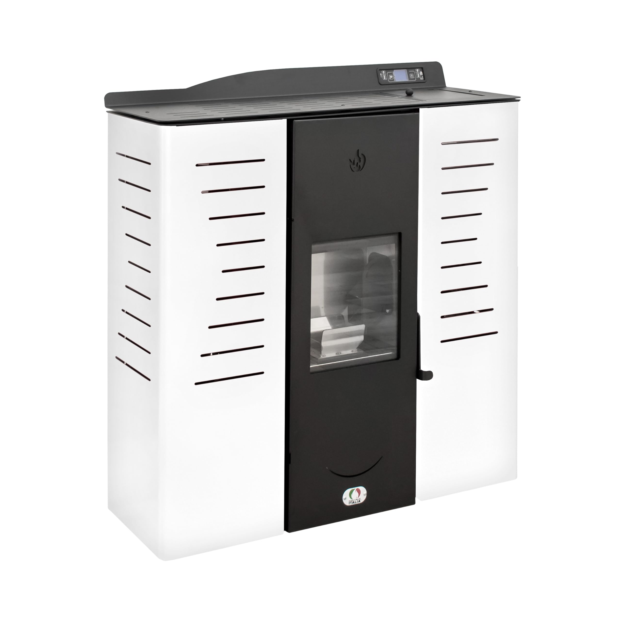 STUFE A PELLET ITALIA Italia 20 KW, 5-gwiazdkowa patelnia na pellet wodorowy, do ogrzewania i ciepłej wody, wydajność ogrzewania 89%, 130 m², czas pracy 16 h, programowalna, 5 mocy, 24 miesiące, biała