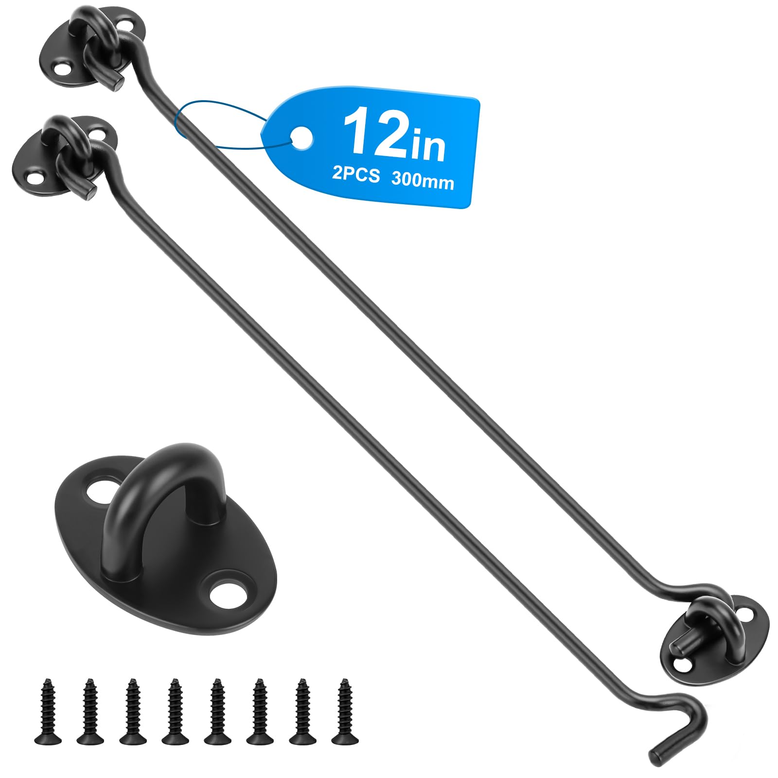 2 Pack Hook and Eye Latch Black 300mm(12") Cabin Hooks and Eye Metal Door Hook Latch Heavy Duty Cabinet Latches for Door Gate Window Closet Shed - Image 2