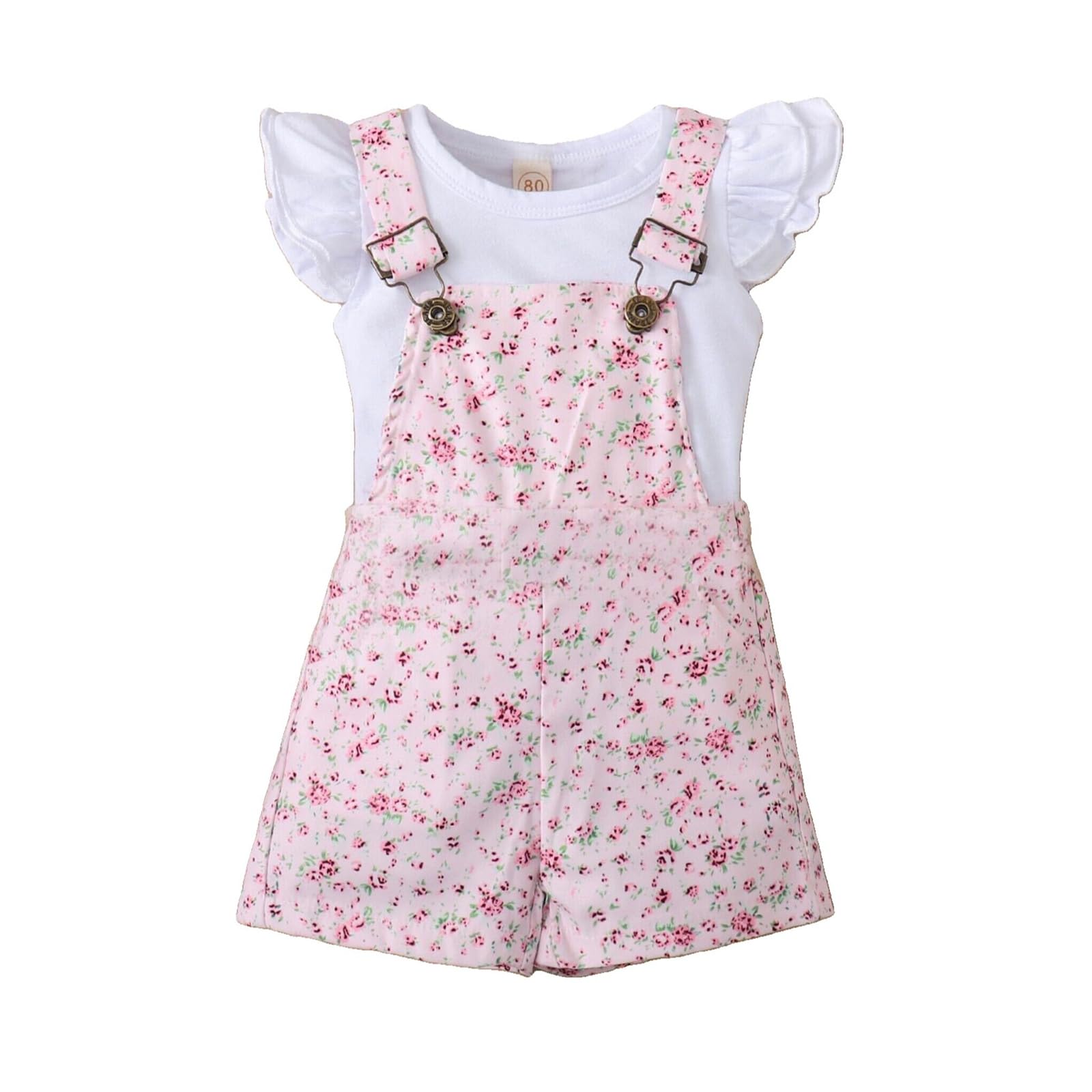 Ensemble pour Bébé Fille Haut à Manches Courtes et col Rond Couleur Unie Short à Bretelles Forme de Cœur