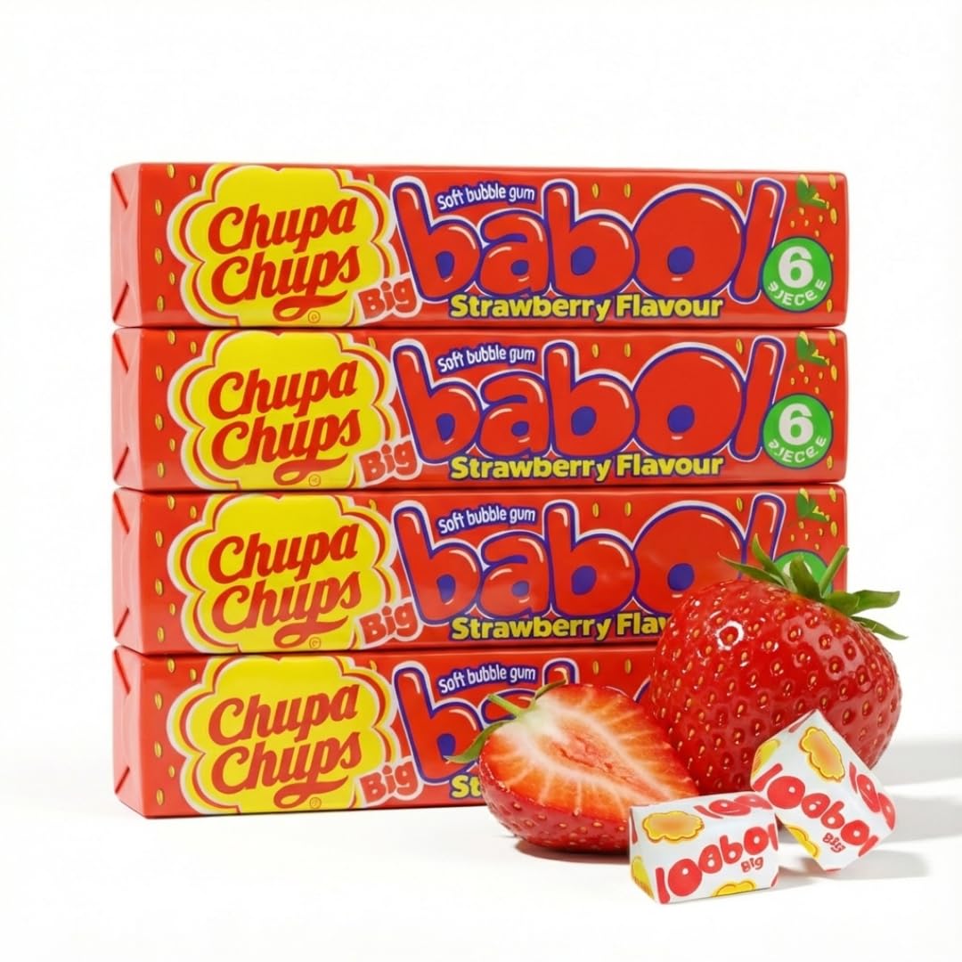 Chupa Chups Strawberry Bubble Gum 4x6 Pack – Sweet Fruity Chewing Gum for Party Bag Fillers, Vegetarian Sweets, Long Lasting Flavor Bubble Blowing Fun