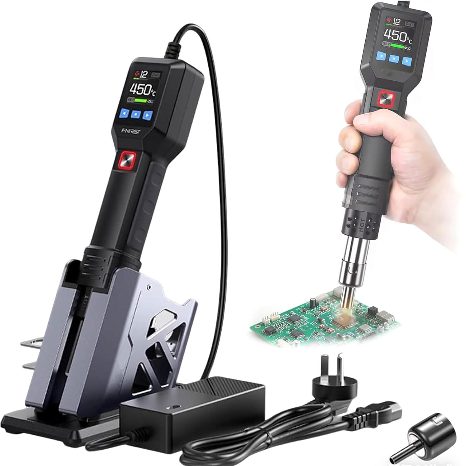 Hot Air Rework Station Soldering Heat Gun with LED Digital Display 100-450 C Temperature 20 Wind Speed Adjustment