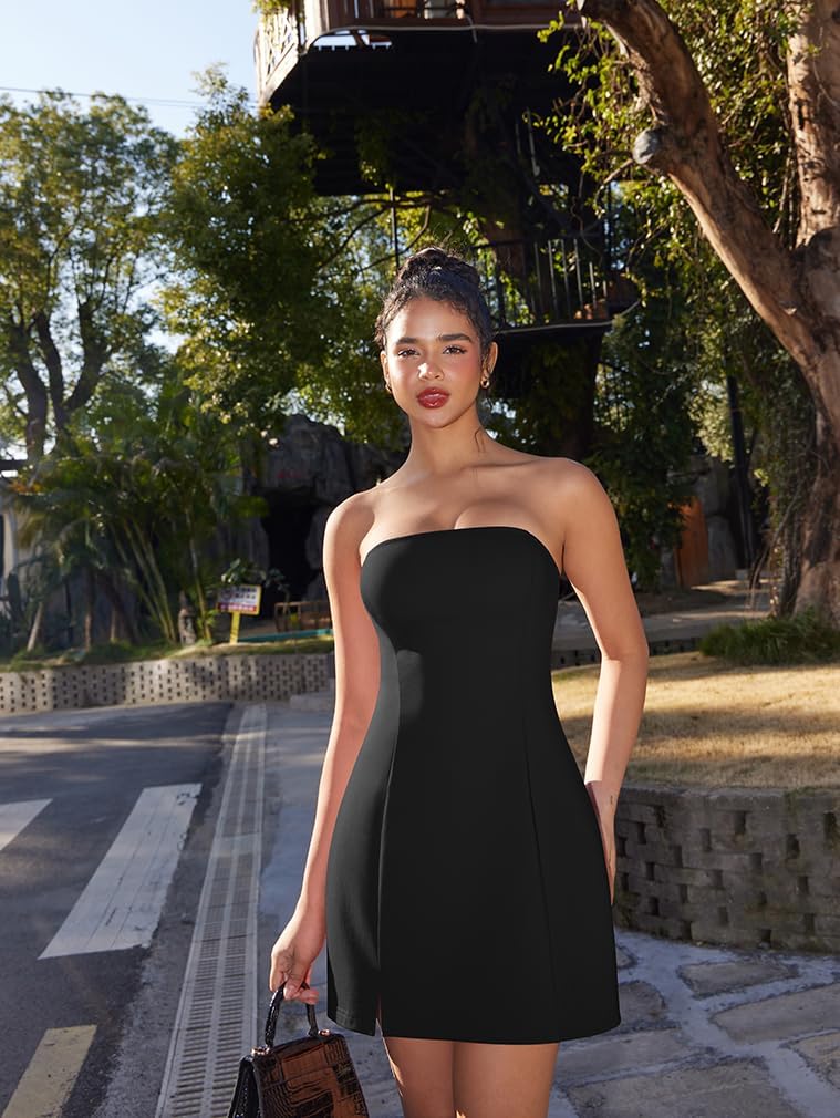 HYZ Women's Tube Strapless Sleeveless Y2K Split Party A-Line Mini Dress - Image 8