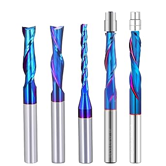 5 PCS Carbide CNC Router Bits Set 1/4 inch Shank End Mill with NACO Blue Coating for Side milling,end milling,Finish Machining