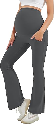 HEGALY Leggings acampanados de maternidad para mujer sobre el vientre, pantalones casuales de yoga para embarazo, con bolsillos, suaves como la