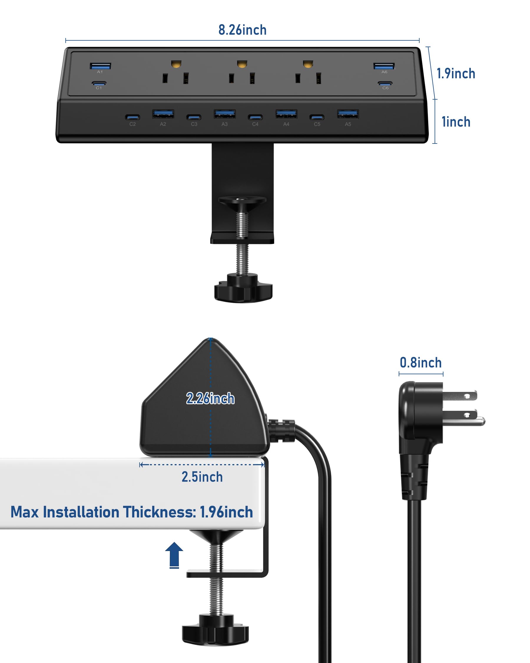 Jgstkcity Zasilacz zaciskowy biurkowy 130 W, 12 x USB (6 PD 65 W USB-C), zabezpieczenie przeciwprzepięciowe, przedłużacz koncentratora zasilania, w zestawie