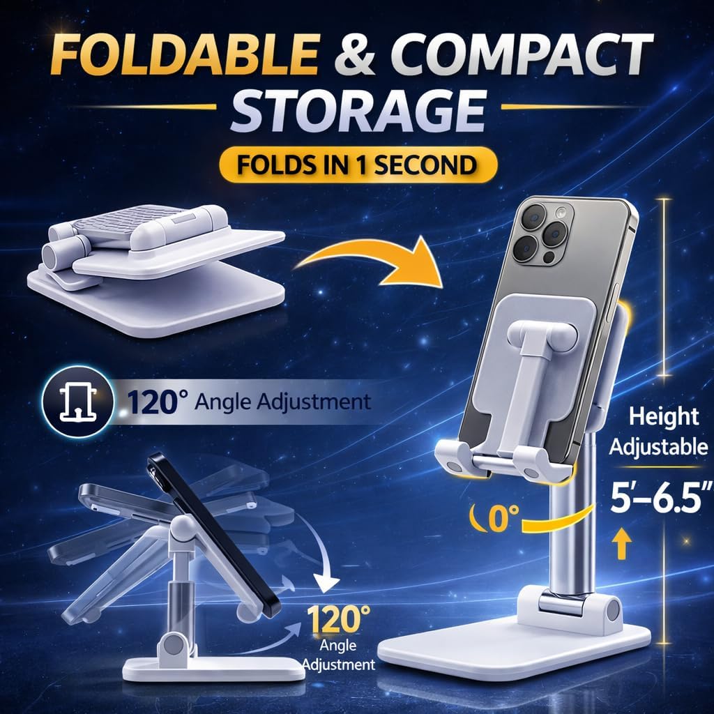 Adjustable Phone Stand for Desk, Foldable Cell Phone Holder with Height & Angle Adjustment, Anti-Slip Base, Compatible with iPhone, Android & Tablets, 2 Pack (Black & White)