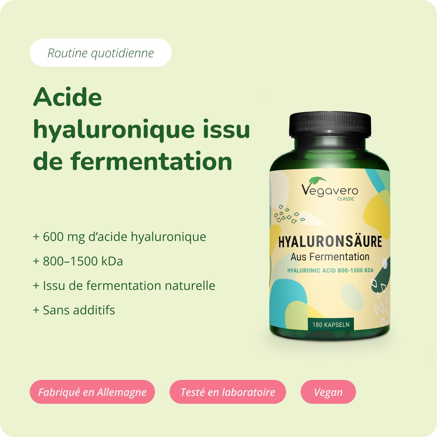 Acide Hyaluronique Pur Vegavero® 600 mg | 100% Naturel | 180 Gélules | VEGAN & Sans Additifs Artificiels | Anti-âge et Articulations