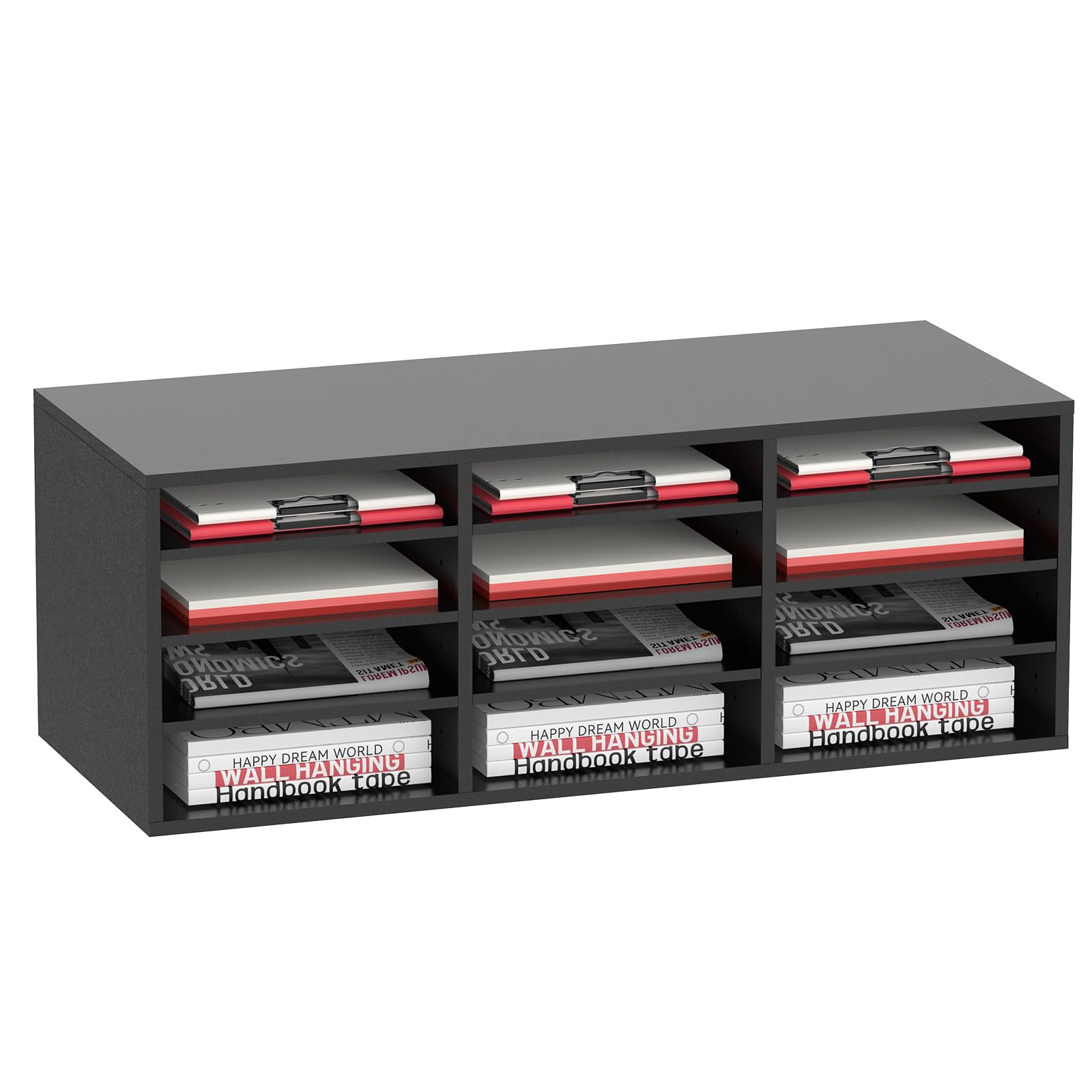 SUPTIDY 12-Schubladen-Holz-Organizer für Papier und Post, Schreibtisch-Rechnungsorganizer für Büro, Zuhause und Schule, Schüler-Postfach für das Klassenzimmer, Schwarz