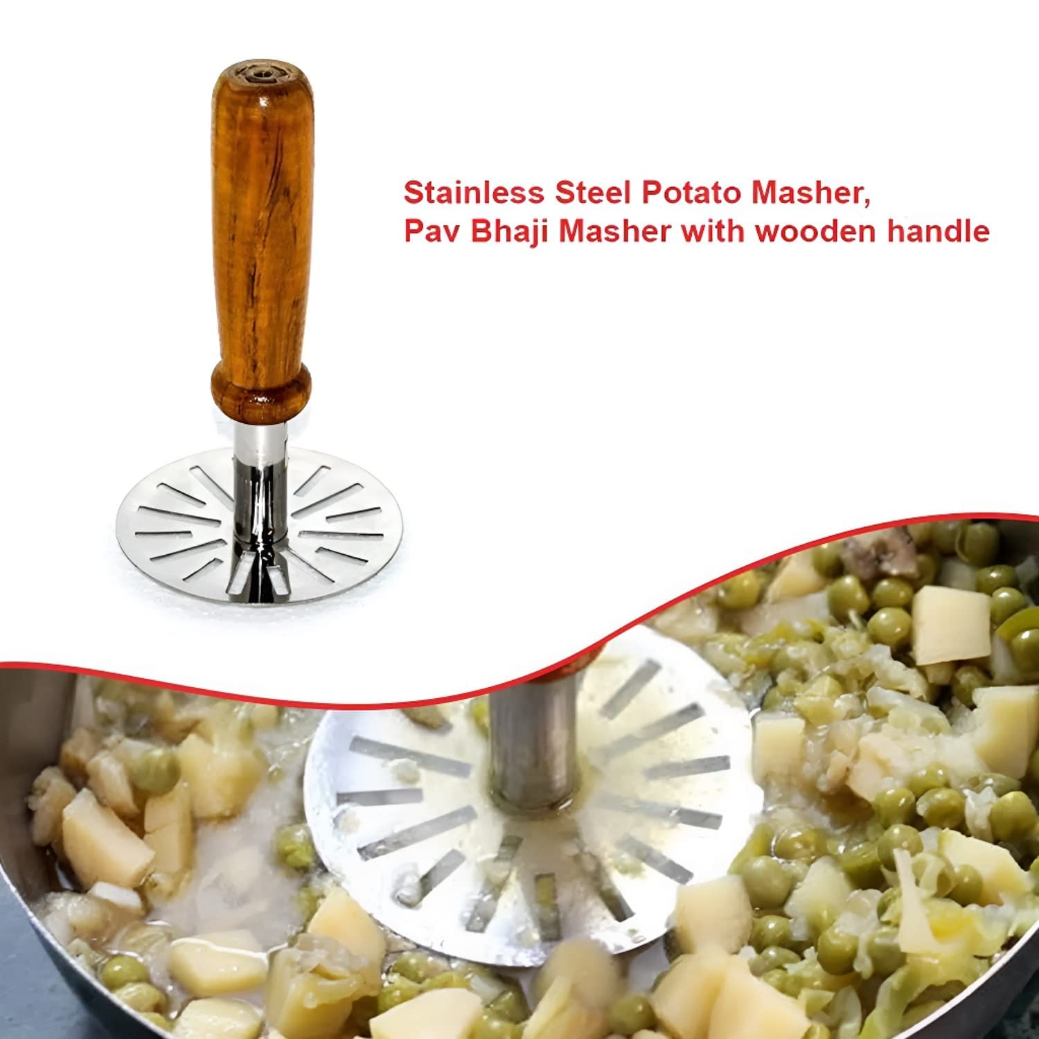 DeoDap Kitchen Stainless Steel Potato Masher, Pav Bhaji Masher with Wooden Handle - Image 7 thumbnail