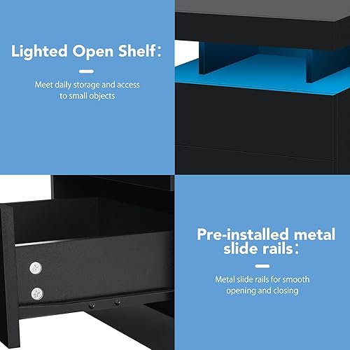 Miniatura 8 de HOMMPA Mesita de noche LED con estación de carga inalámbrica y puertos USB, moderna mesita de noche negra de 3 cajones con compartimento abierto,