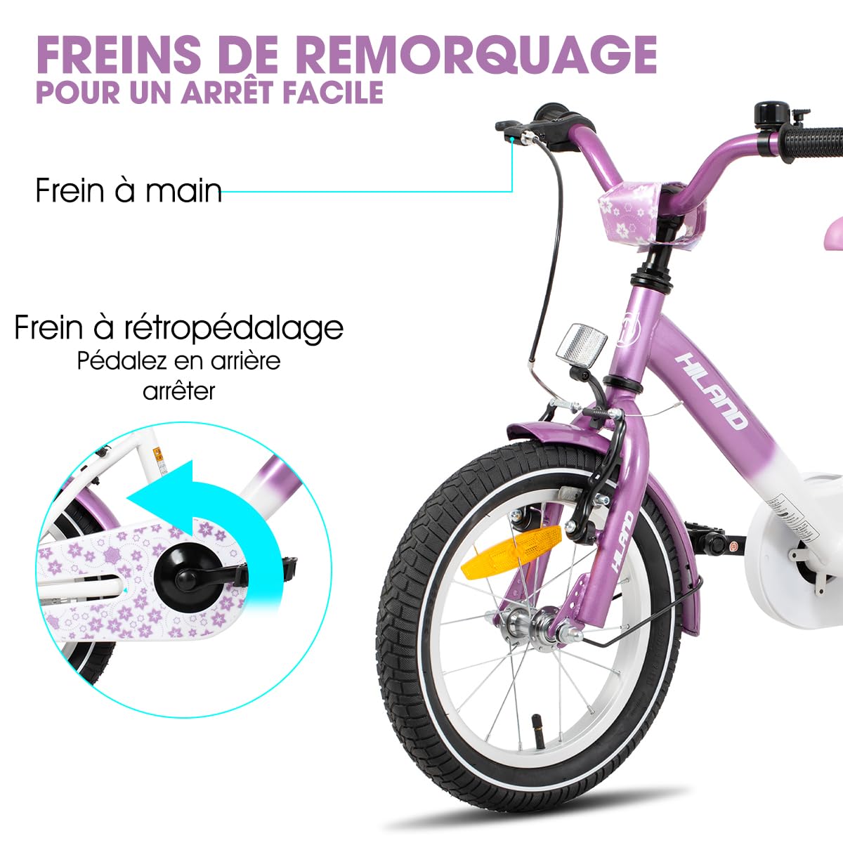 HILAND Starry Vélo Enfant 12/14/16 Pouces, 2–7 Ans, avec Roues Stabilisatrices, Vélo Enfants avec Porte-Bagages, Rose/Violet