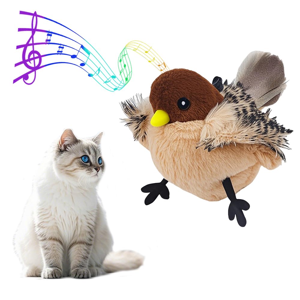 Flapping Bird Cat Toy - Interactive Flying Bird Toy for Cats with Chirping Sounds, Cat Toys for Indoor Cats Adult, Rechargeable Plush Design (Brown)